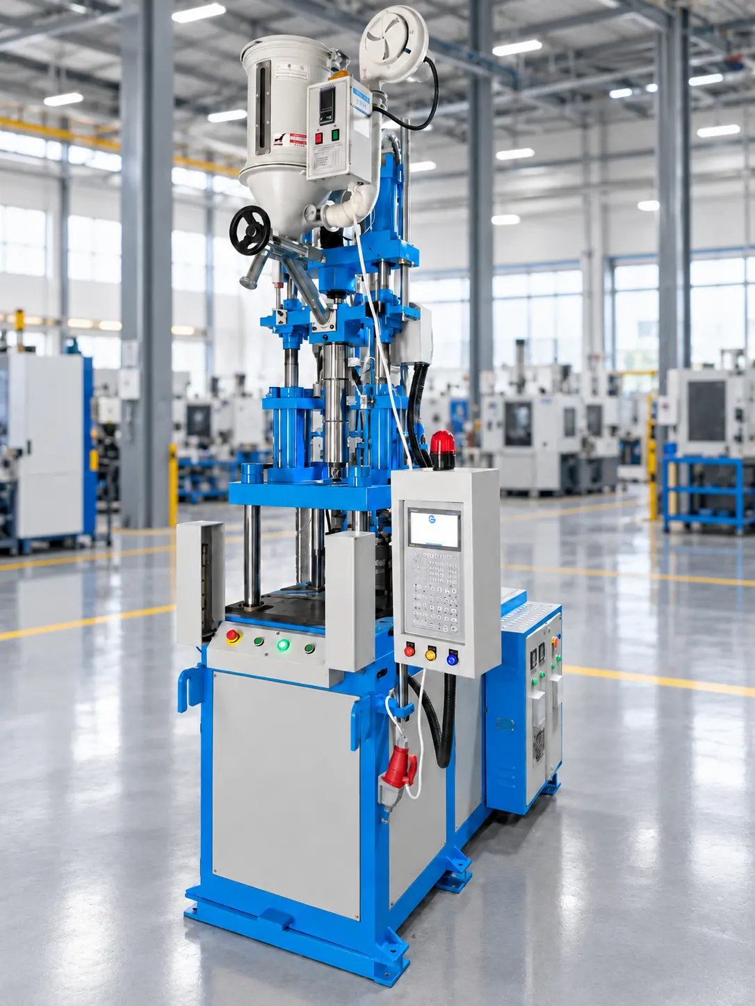 Vertical insert injection moulding machine in a professional industrial setting